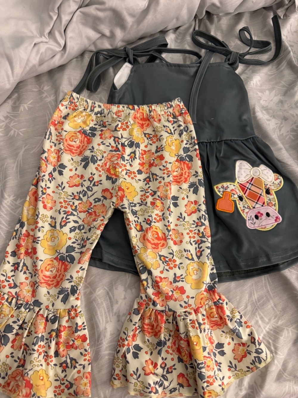 Girls Floral Ruffle Leggings & Charcoal Tank Matching Set